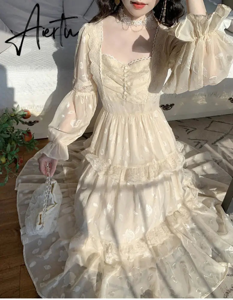 Aiertu Medieval Romantic French Court Style Dress Womens Spring Flare Sleeve High Waist Elegant Female Dress Vintage Long Dresses Aiertu