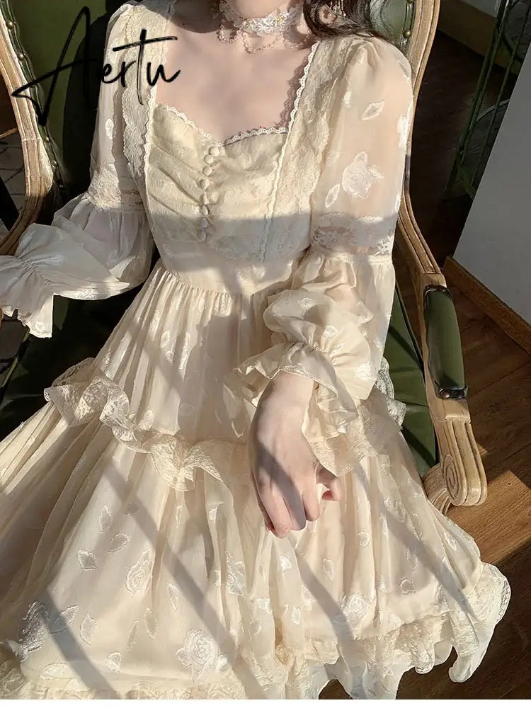 Aiertu Medieval Romantic French Court Style Dress Womens Spring Flare Sleeve High Waist Elegant Female Dress Vintage Long Dresses Aiertu