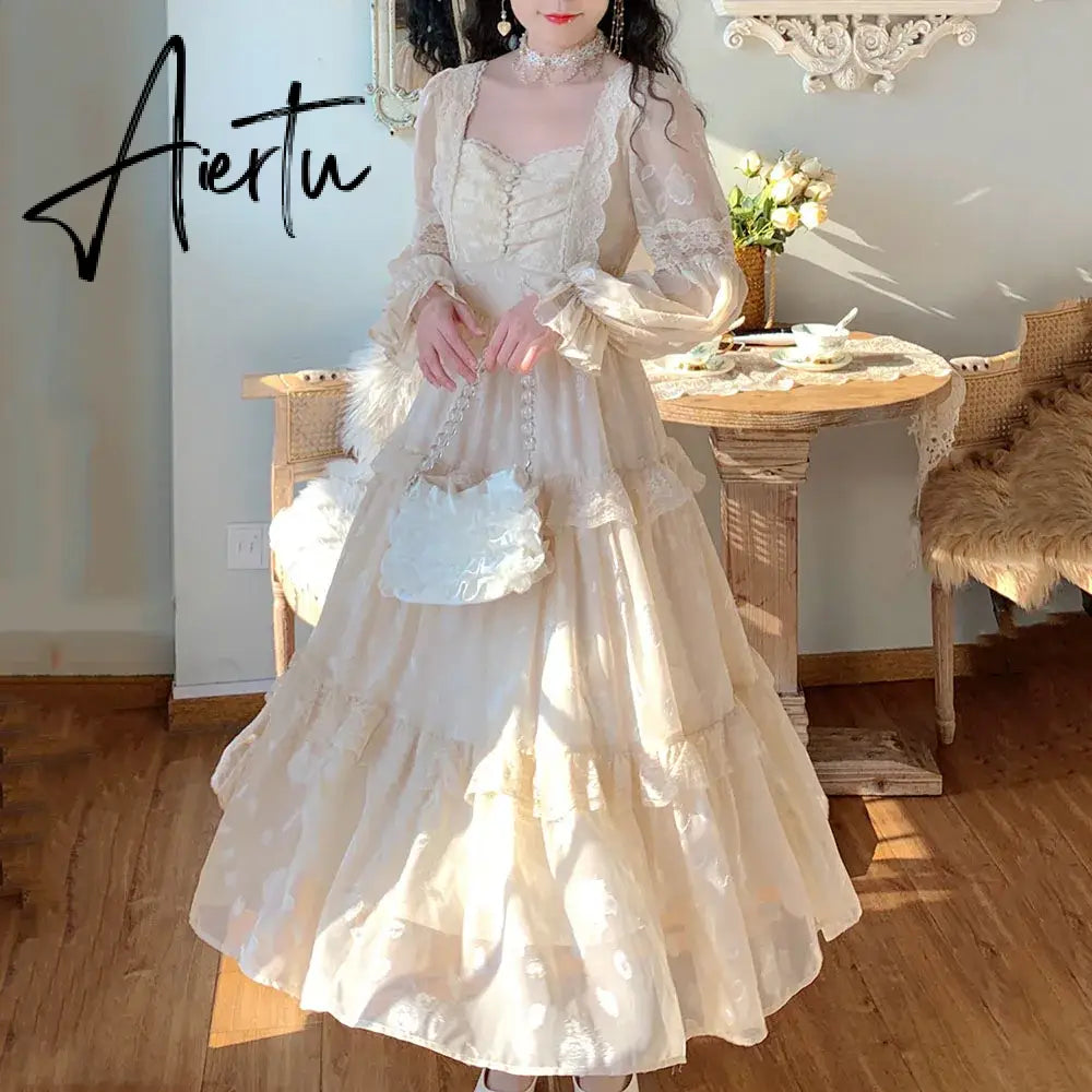 Aiertu Medieval Romantic French Court Style Dress Womens Spring Flare Sleeve High Waist Elegant Female Dress Vintage Long Dresses Aiertu