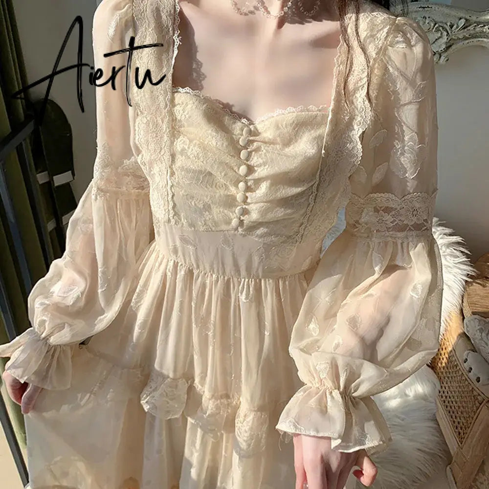 Aiertu Medieval Romantic French Court Style Dress Womens Spring Flare Sleeve High Waist Elegant Female Dress Vintage Long Dresses Aiertu