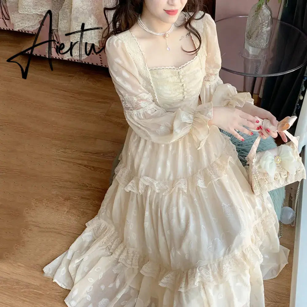 Aiertu Medieval Romantic French Court Style Dress Womens Spring Flare Sleeve High Waist Elegant Female Dress Vintage Long Dresses Aiertu