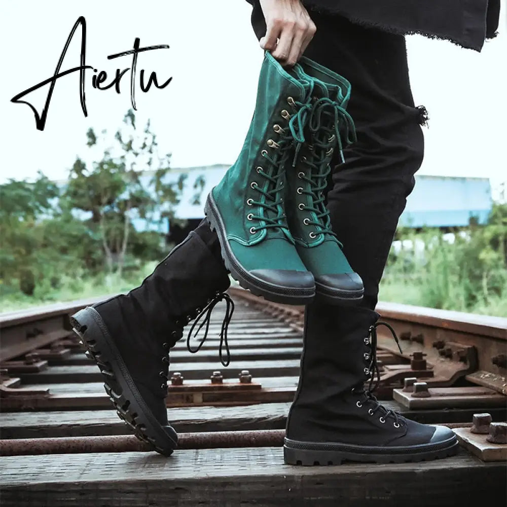 Aiertu Men Boots Spring Fashion Men Casual Shoes Mid-calf Male Military Tactical Boots Lace Up Comfortable Man Sneakers Aiertu