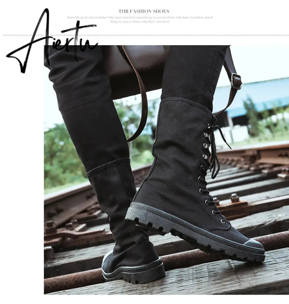 Aiertu Men Boots Spring Fashion Men Casual Shoes Mid-calf Male Military Tactical Boots Lace Up Comfortable Man Sneakers Aiertu