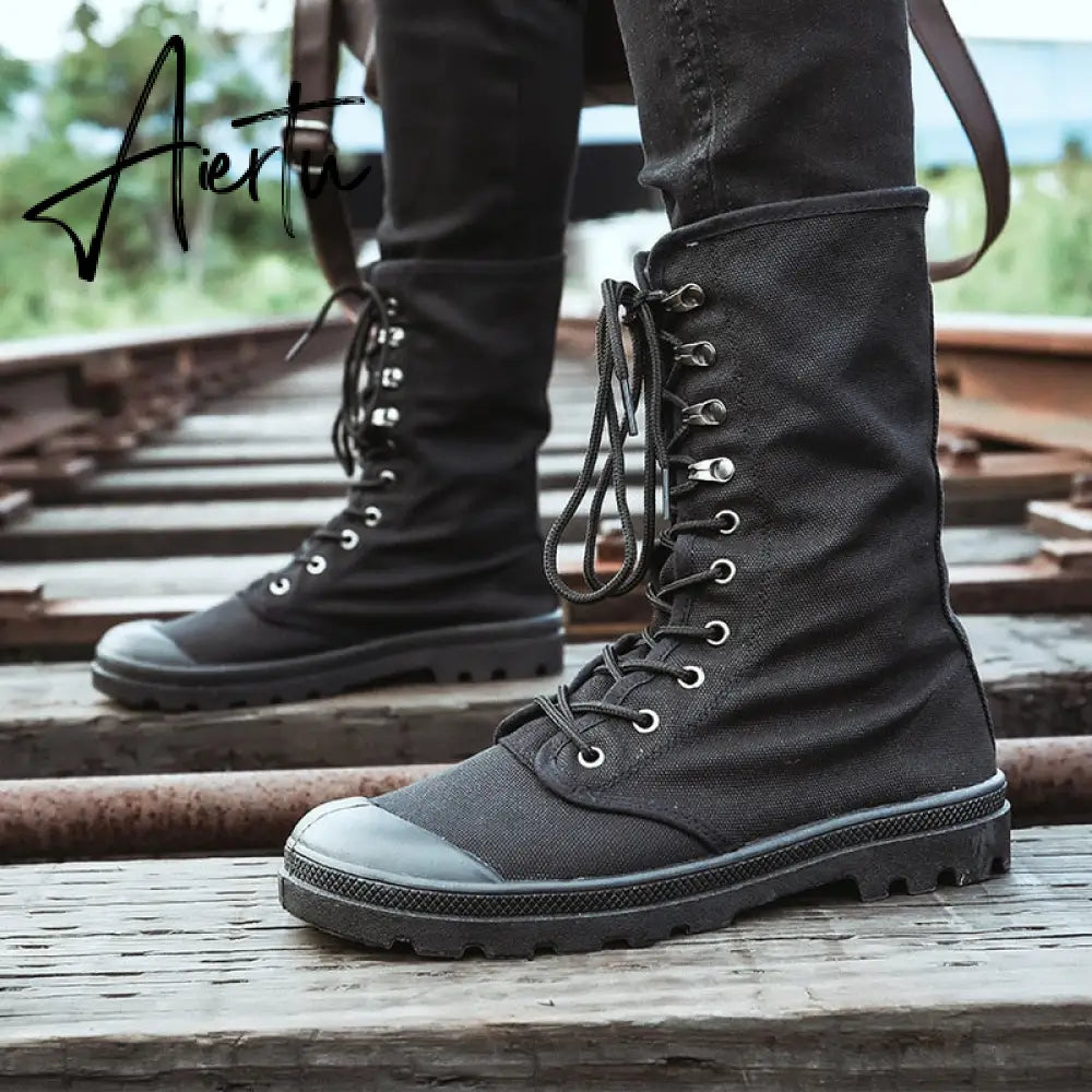 Aiertu Men Boots Spring Fashion Men Casual Shoes Mid-calf Male Military Tactical Boots Lace Up Comfortable Man Sneakers Aiertu