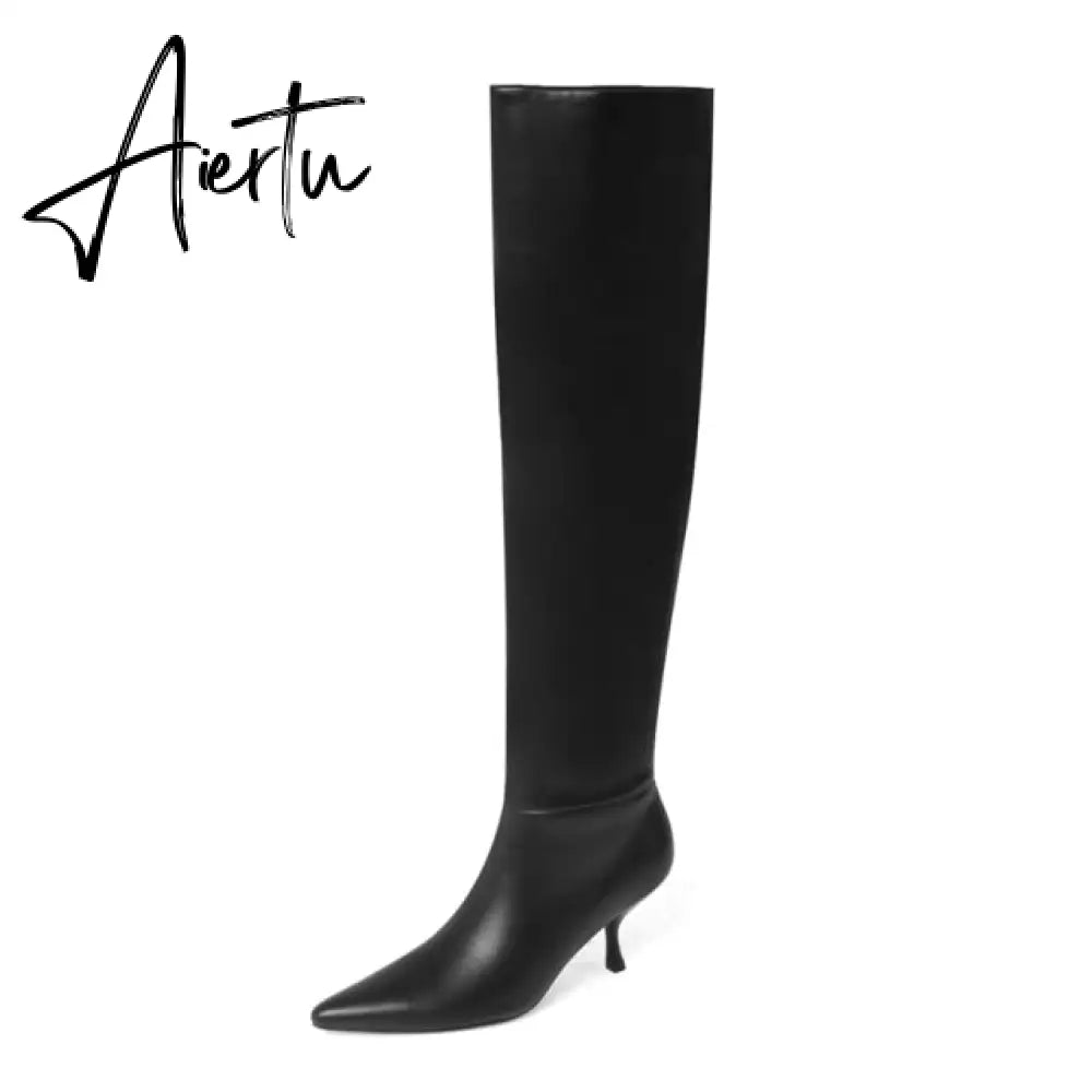 Aiertu Meotina Pleated Real Leather High Heel Long Boots Women Shoes Pointed Toe Stiletto Heels Knee-High Boots Autumn Winter Beige 43 Aiertu