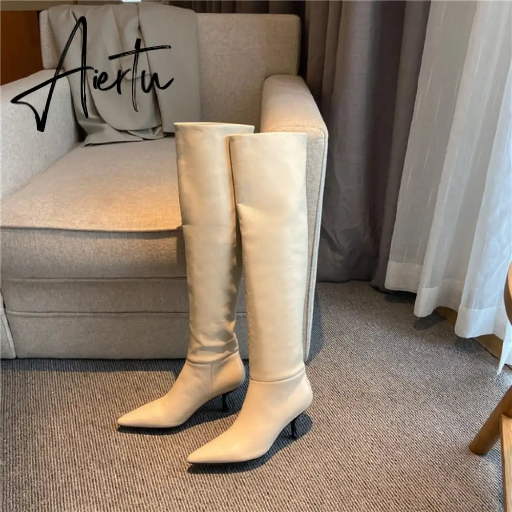 Aiertu Meotina Pleated Real Leather High Heel Long Boots Women Shoes Pointed Toe Stiletto Heels Knee-High Boots Autumn Winter Beige 43 Aiertu