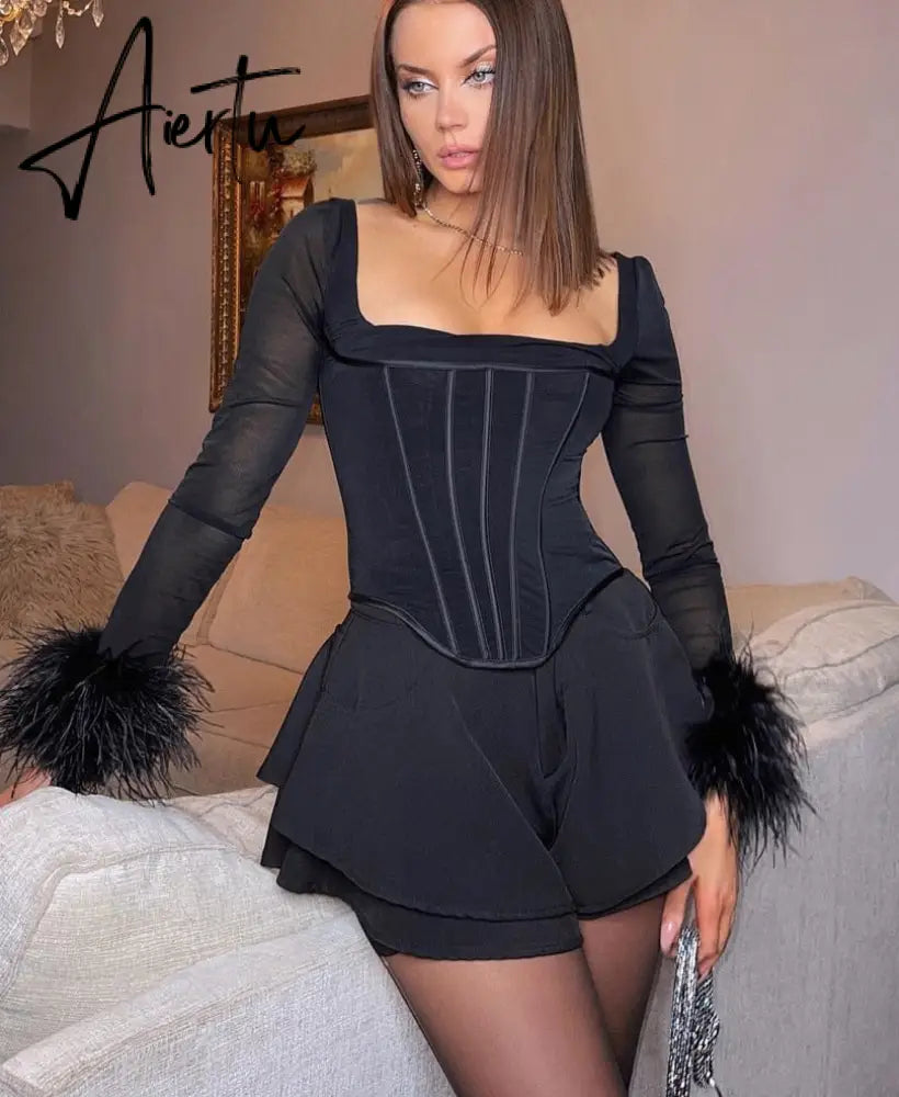 Aiertu Mesh Bright Line Solid Fur Square Neck Zipper See Though Bodysuit  Summer Sexy Bodycon Streetwear Casual Wear Y2K Aiertu