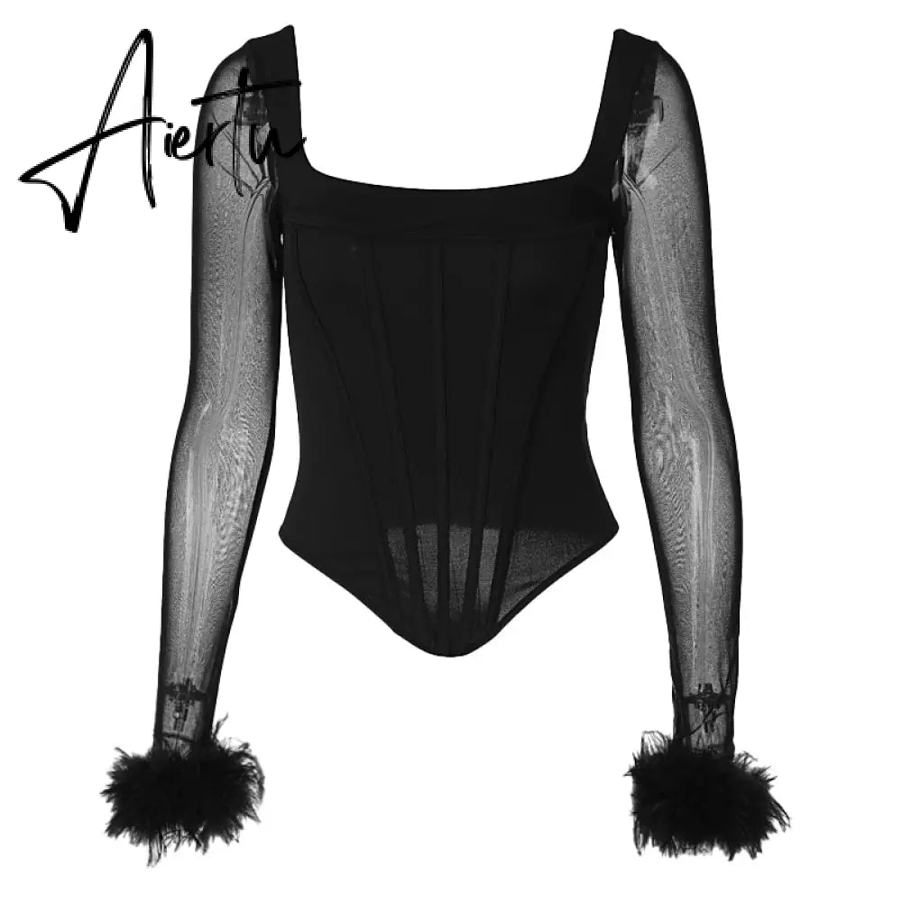 Aiertu Mesh Bright Line Solid Fur Square Neck Zipper See Though Bodysuit  Summer Sexy Bodycon Streetwear Casual Wear Y2K Aiertu