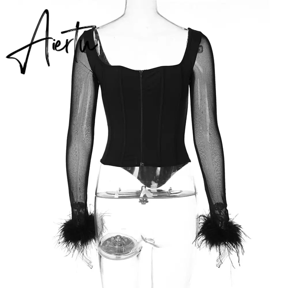 Aiertu Mesh Bright Line Solid Fur Square Neck Zipper See Though Bodysuit  Summer Sexy Bodycon Streetwear Casual Wear Y2K Aiertu