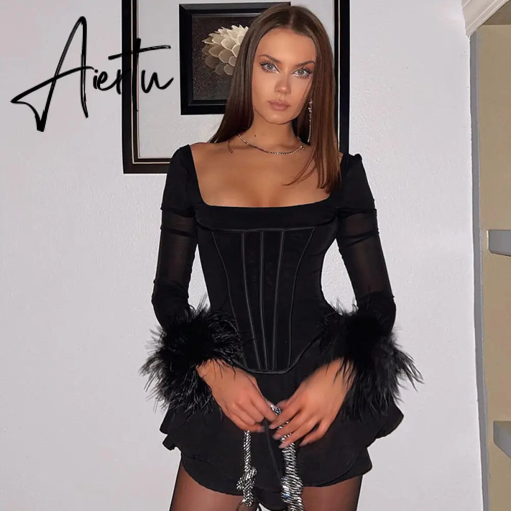 Aiertu Mesh Bright Line Solid Fur Square Neck Zipper See Though Bodysuit  Summer Sexy Bodycon Streetwear Casual Wear Y2K Aiertu