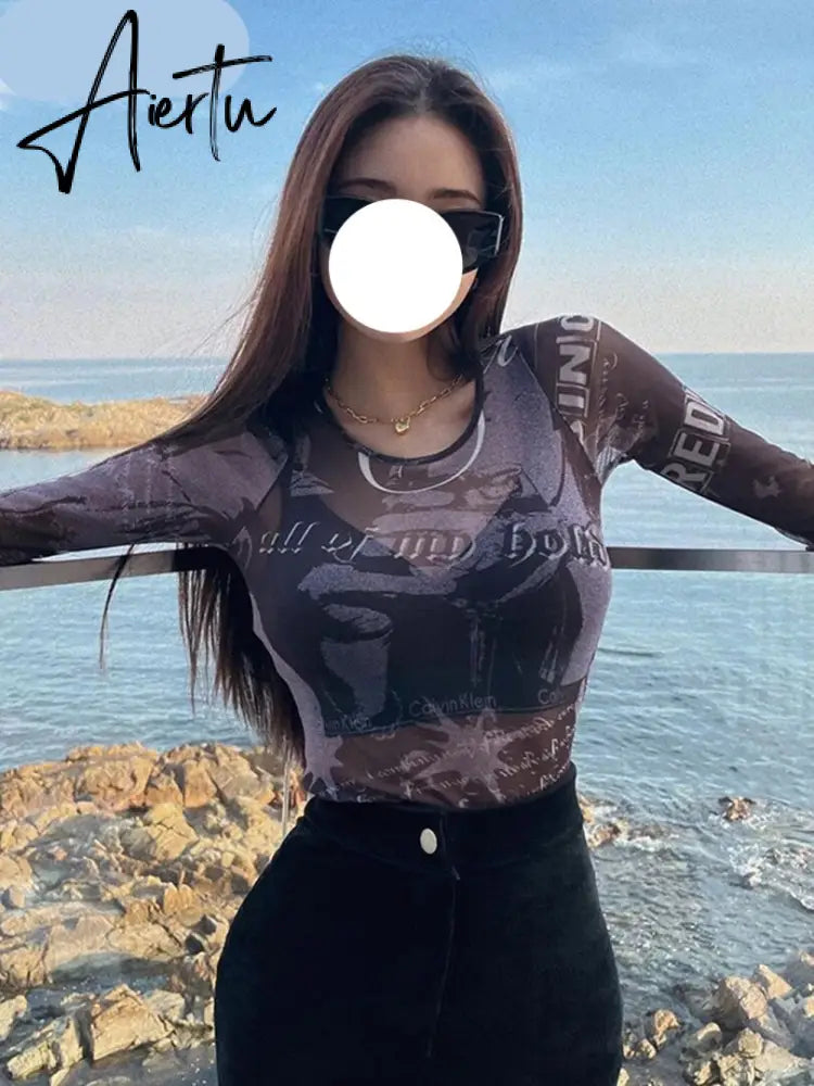Aiertu Mesh Print Long Sleeves See Through  Top Fashion Women Cute Elegant Streetwear Party Club Y2K Clothing Aiertu