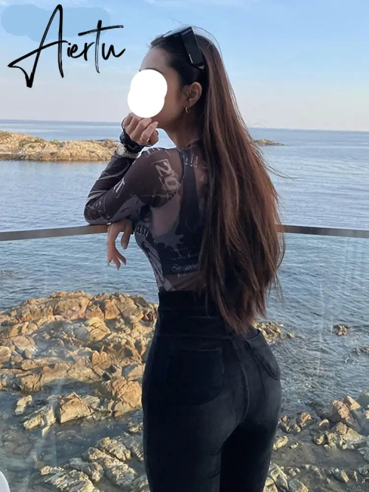 Aiertu Mesh Print Long Sleeves See Through  Top Fashion Women Cute Elegant Streetwear Party Club Y2K Clothing Aiertu
