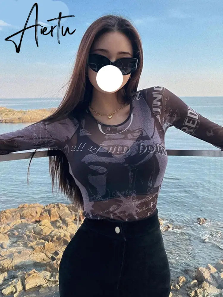 Aiertu Mesh Print Long Sleeves See Through  Top Fashion Women Cute Elegant Streetwear Party Club Y2K Clothing Aiertu
