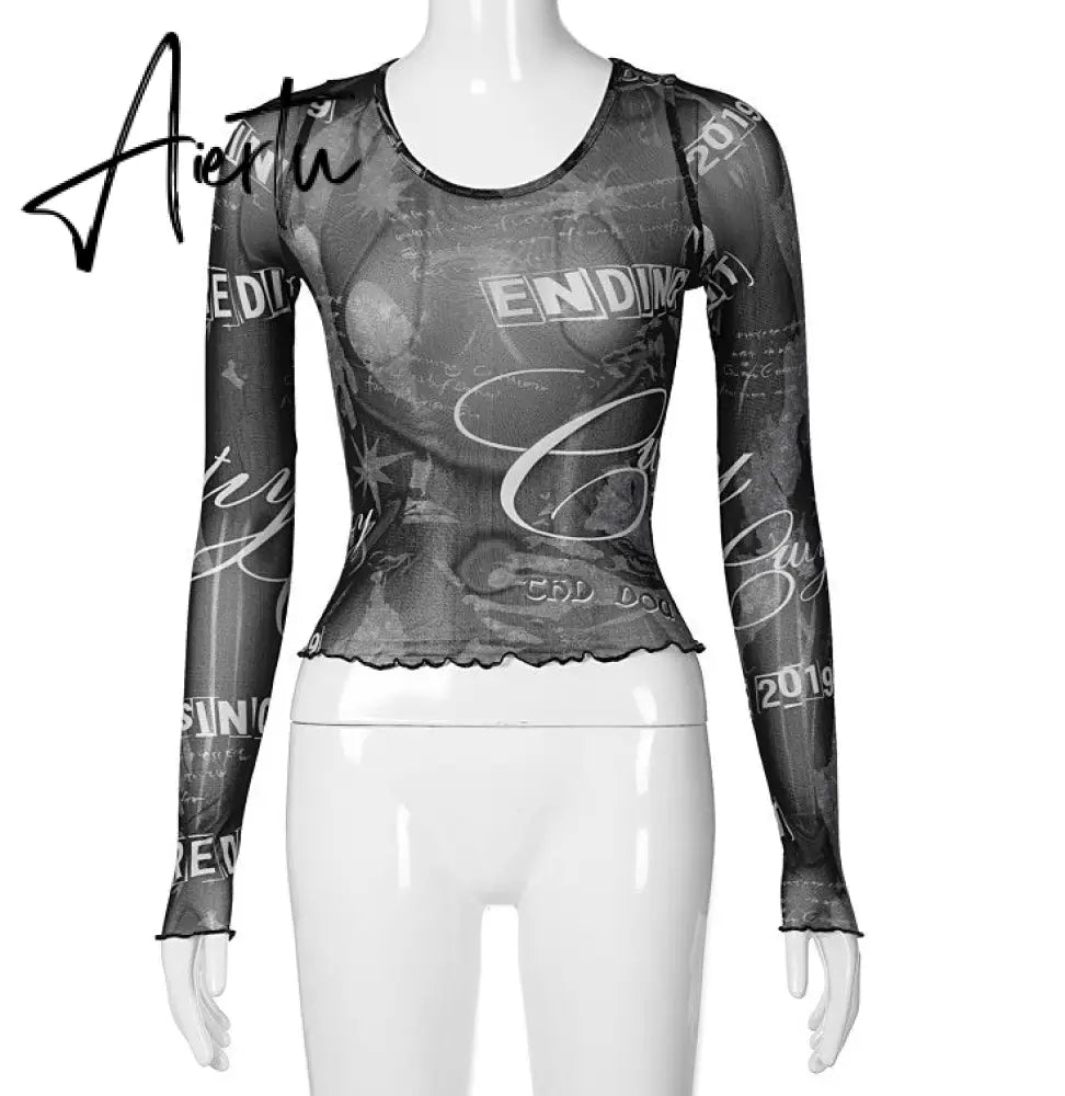 Aiertu Mesh Print Long Sleeves See Through  Top Fashion Women Cute Elegant Streetwear Party Club Y2K Clothing Aiertu