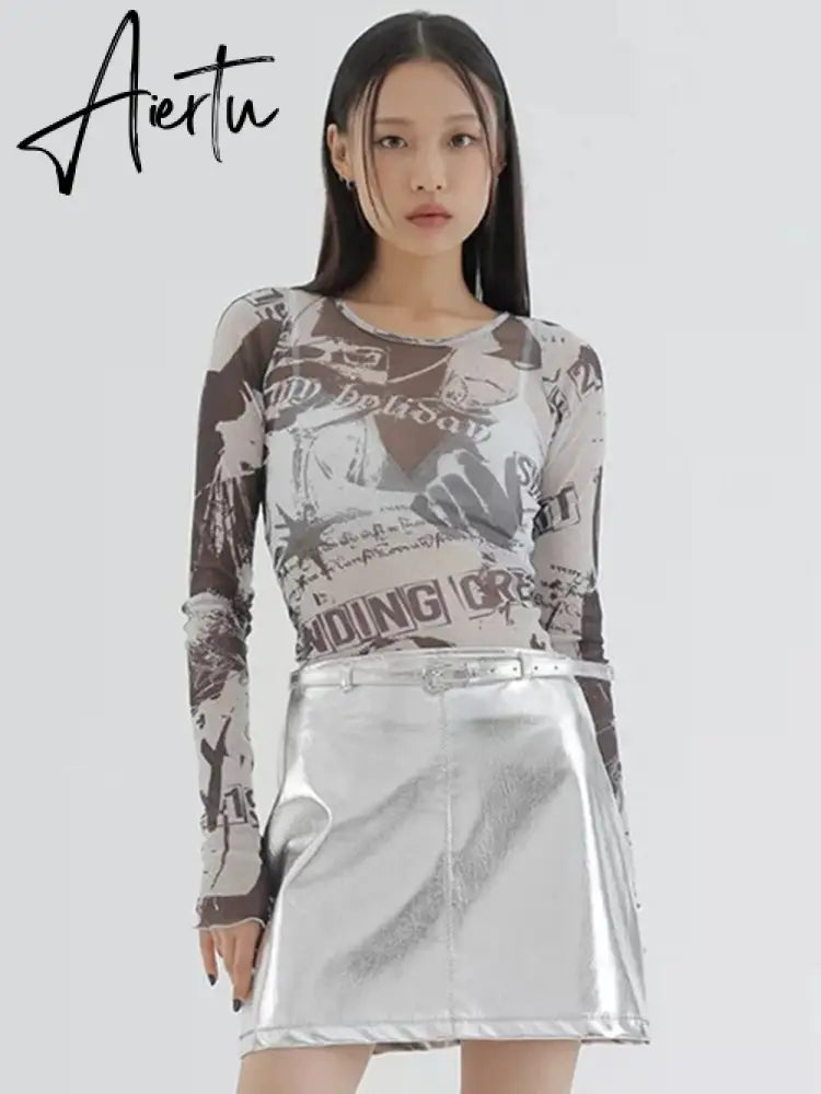 Aiertu Mesh Print Long Sleeves See Through  Top Fashion Women Cute Elegant Streetwear Party Club Y2K Clothing Aiertu