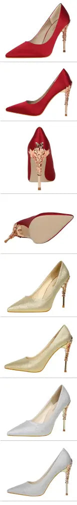 Aiertu  Metal Carved Wedding Bridal High Heels Solid Silk Shoes Pointed Toe Shallow Women Pumps Ladies Elegant High Heels 10cm Aiertu