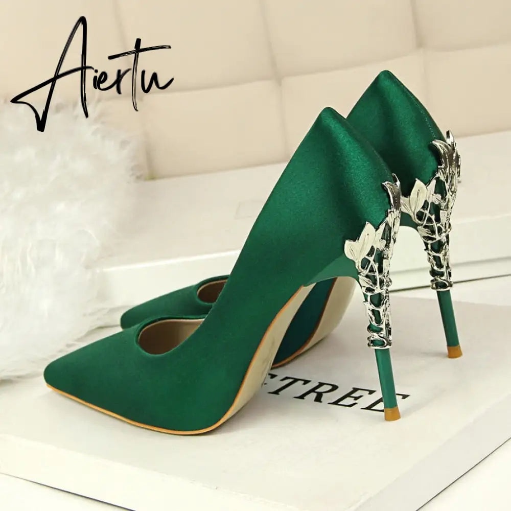 Aiertu  Metal Carved Wedding Bridal High Heels Solid Silk Shoes Pointed Toe Shallow Women Pumps Ladies Elegant High Heels 10cm Aiertu