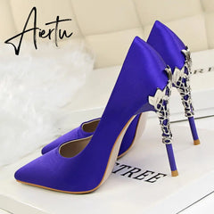 Aiertu  Metal Carved Wedding Bridal High Heels Solid Silk Shoes Pointed Toe Shallow Women Pumps Ladies Elegant High Heels 10cm Aiertu