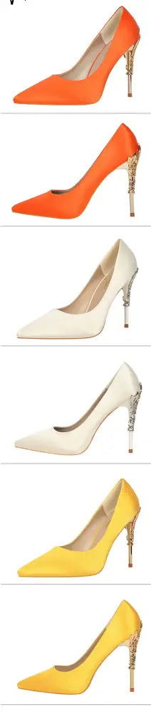 Aiertu  Metal Carved Wedding Bridal High Heels Solid Silk Shoes Pointed Toe Shallow Women Pumps Ladies Elegant High Heels 10cm Aiertu