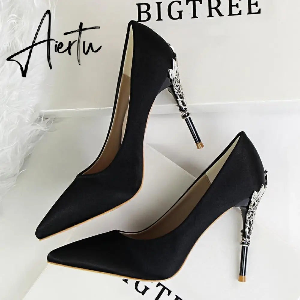 Aiertu  Metal Carved Wedding Bridal High Heels Solid Silk Shoes Pointed Toe Shallow Women Pumps Ladies Elegant High Heels 10cm Aiertu