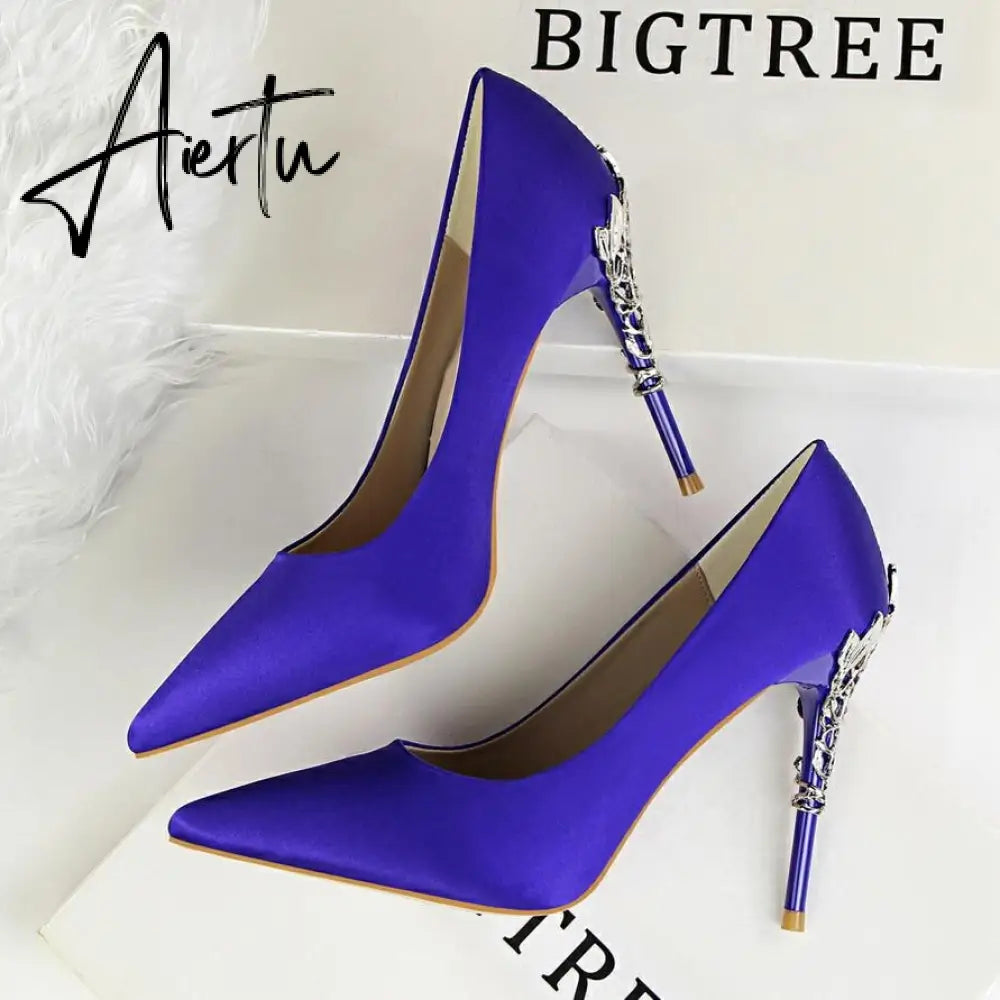 Aiertu  Metal Carved Wedding Bridal High Heels Solid Silk Shoes Pointed Toe Shallow Women Pumps Ladies Elegant High Heels 10cm Aiertu