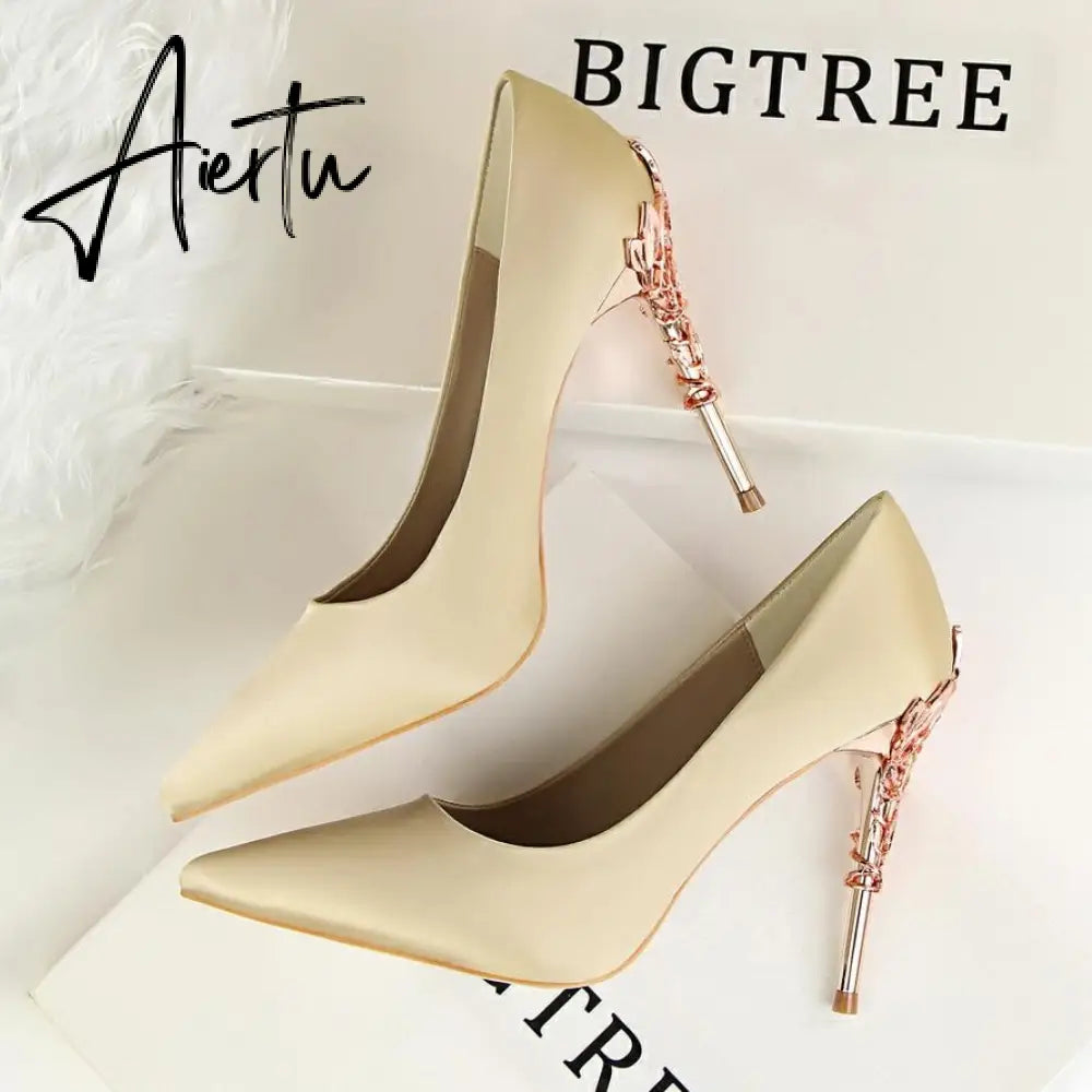 Aiertu  Metal Carved Wedding Bridal High Heels Solid Silk Shoes Pointed Toe Shallow Women Pumps Ladies Elegant High Heels 10cm Aiertu