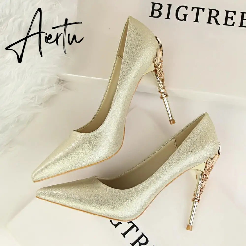 Aiertu  Metal Carved Wedding Bridal High Heels Solid Silk Shoes Pointed Toe Shallow Women Pumps Ladies Elegant High Heels 10cm Aiertu