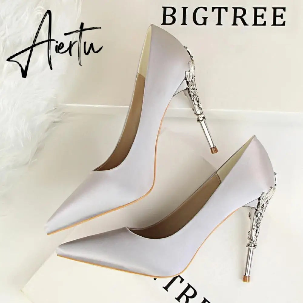 Aiertu  Metal Carved Wedding Bridal High Heels Solid Silk Shoes Pointed Toe Shallow Women Pumps Ladies Elegant High Heels 10cm Aiertu
