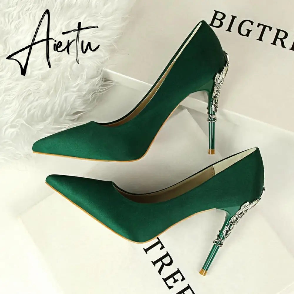 Aiertu  Metal Carved Wedding Bridal High Heels Solid Silk Shoes Pointed Toe Shallow Women Pumps Ladies Elegant High Heels 10cm Aiertu