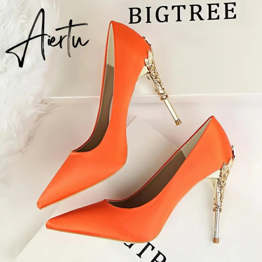 Aiertu  Metal Carved Wedding Bridal High Heels Solid Silk Shoes Pointed Toe Shallow Women Pumps Ladies Elegant High Heels 10cm Aiertu
