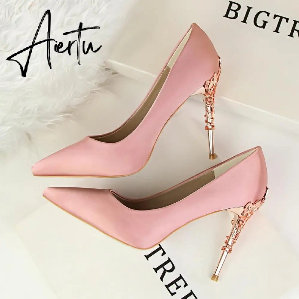 Aiertu  Metal Carved Wedding Bridal High Heels Solid Silk Shoes Pointed Toe Shallow Women Pumps Ladies Elegant High Heels 10cm Aiertu