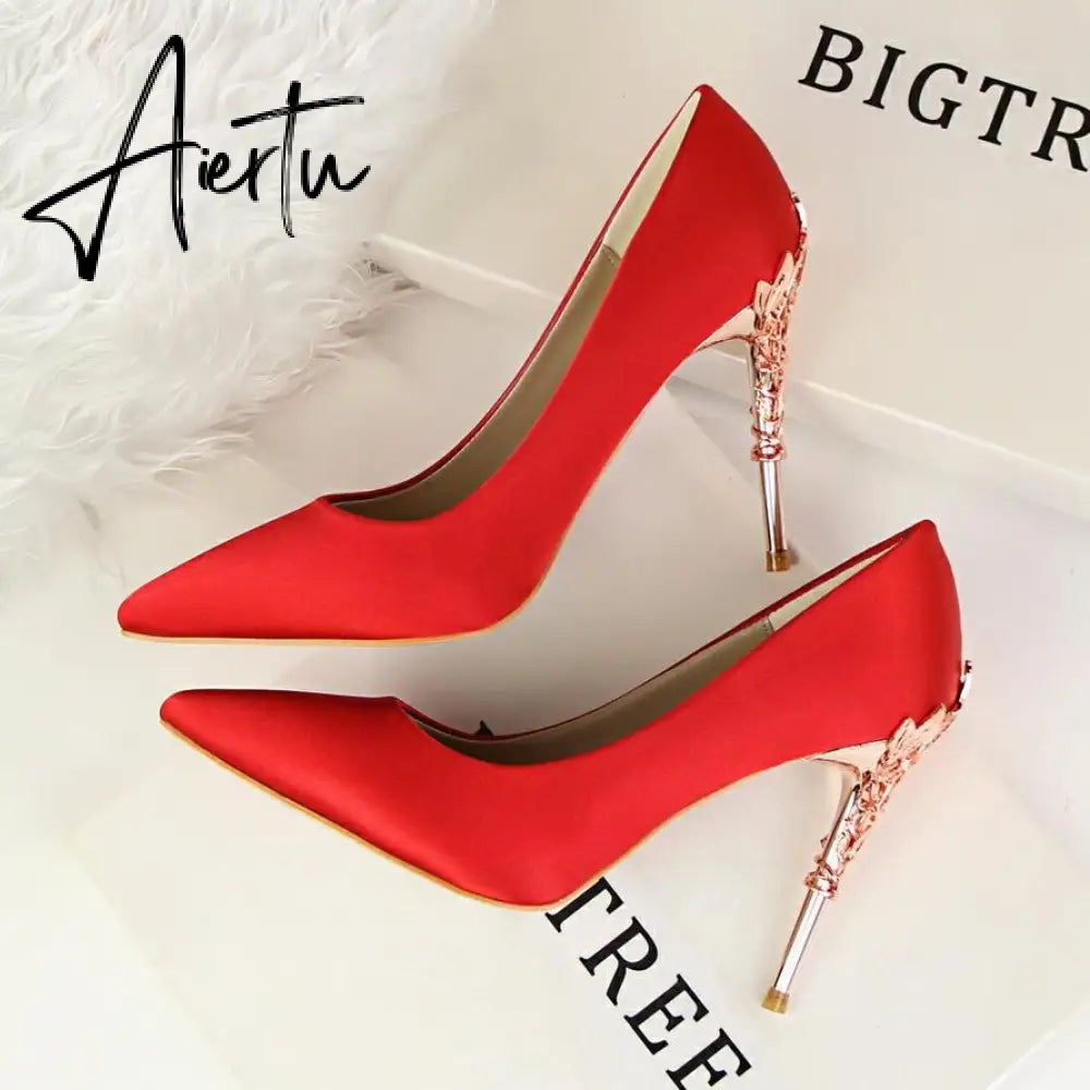 Aiertu  Metal Carved Wedding Bridal High Heels Solid Silk Shoes Pointed Toe Shallow Women Pumps Ladies Elegant High Heels 10cm Aiertu