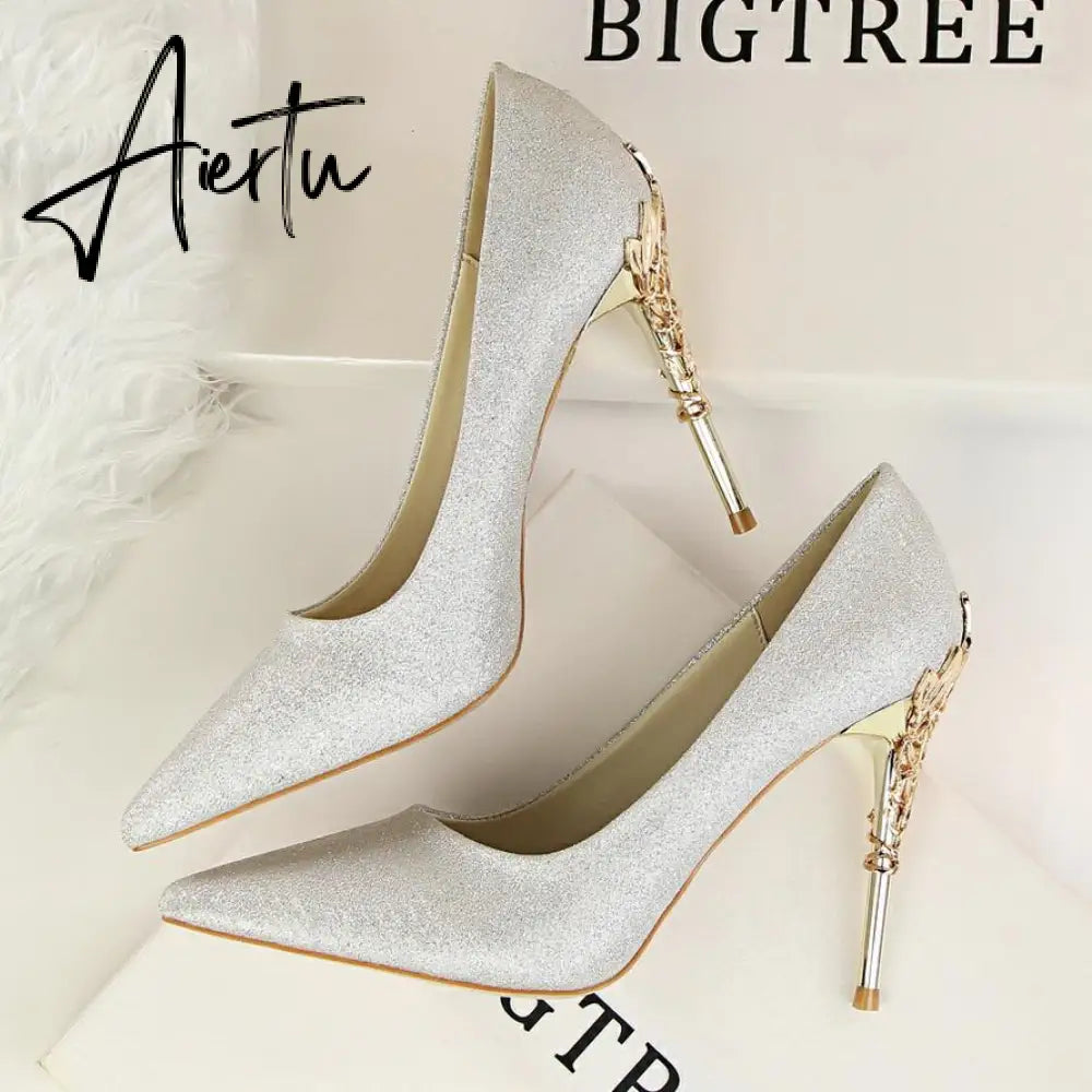 Aiertu  Metal Carved Wedding Bridal High Heels Solid Silk Shoes Pointed Toe Shallow Women Pumps Ladies Elegant High Heels 10cm Aiertu