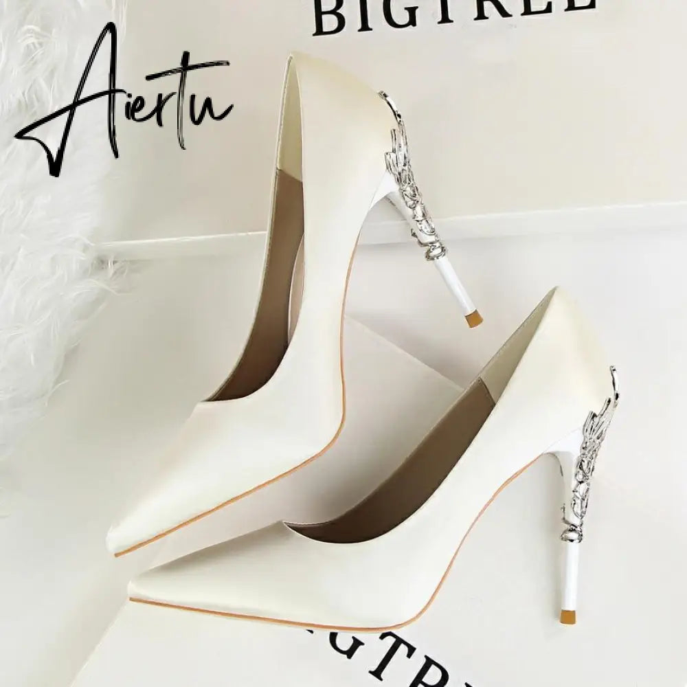 Aiertu  Metal Carved Wedding Bridal High Heels Solid Silk Shoes Pointed Toe Shallow Women Pumps Ladies Elegant High Heels 10cm Aiertu