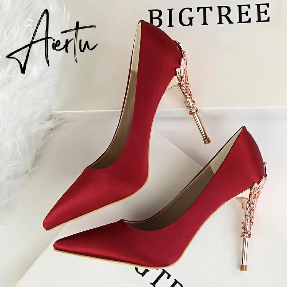 Aiertu  Metal Carved Wedding Bridal High Heels Solid Silk Shoes Pointed Toe Shallow Women Pumps Ladies Elegant High Heels 10cm Aiertu