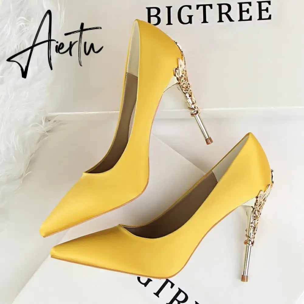 Aiertu  Metal Carved Wedding Bridal High Heels Solid Silk Shoes Pointed Toe Shallow Women Pumps Ladies Elegant High Heels 10cm Aiertu