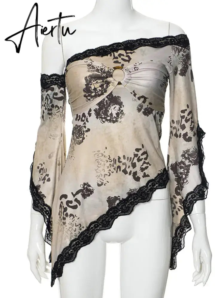 Aiertu  MO Elegant Lace Patchwork Print Irregular Skew Collar Long Sleeve T-shirt Tops For Woemn Sexy Fashion Club Cropped Tops Aiertu