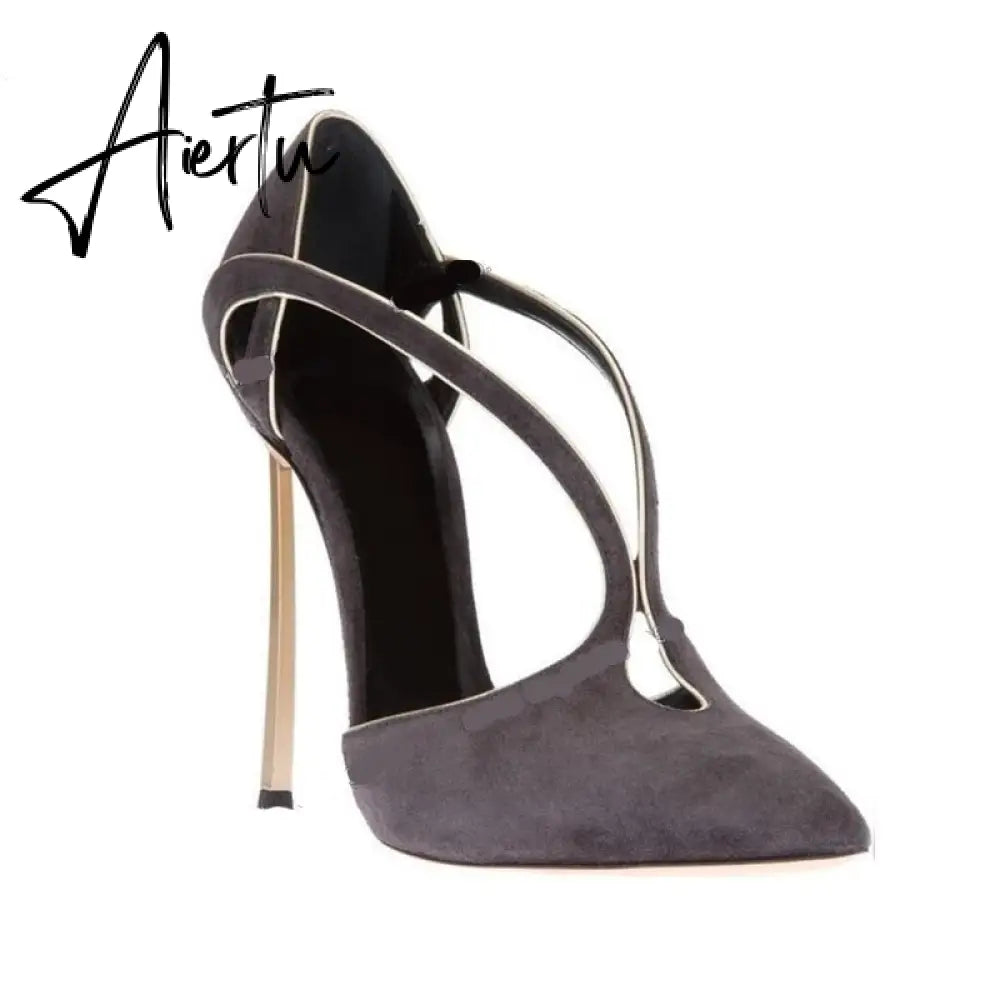 Aiertu Narrow Band Grey Metal Heel Pumps For Women Slip On Cut Out Stilettos Heels Patchwork New Sexy Wedding Shoes on Heels Aiertu