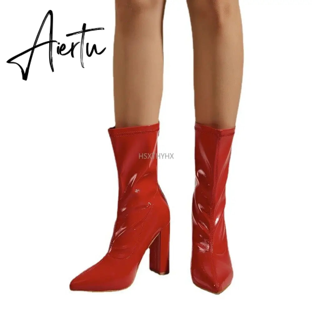 Aiertu New Ankle Boots For Women Fashion High Quality Patent Leather Pointed Toe Zipper Ladies Party Shoes Red Heels Pumps Booties Aiertu