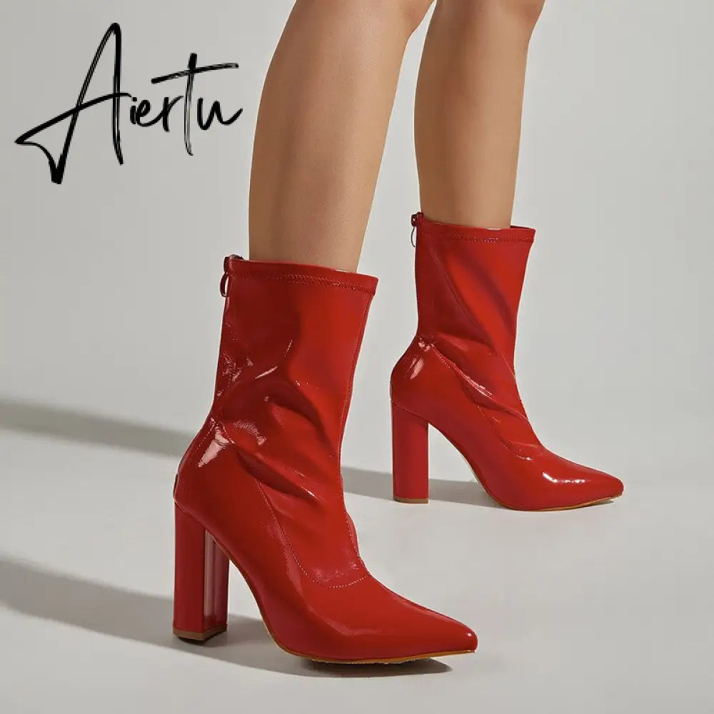 Aiertu New Ankle Boots For Women Fashion High Quality Patent Leather Pointed Toe Zipper Ladies Party Shoes Red Heels Pumps Booties Aiertu