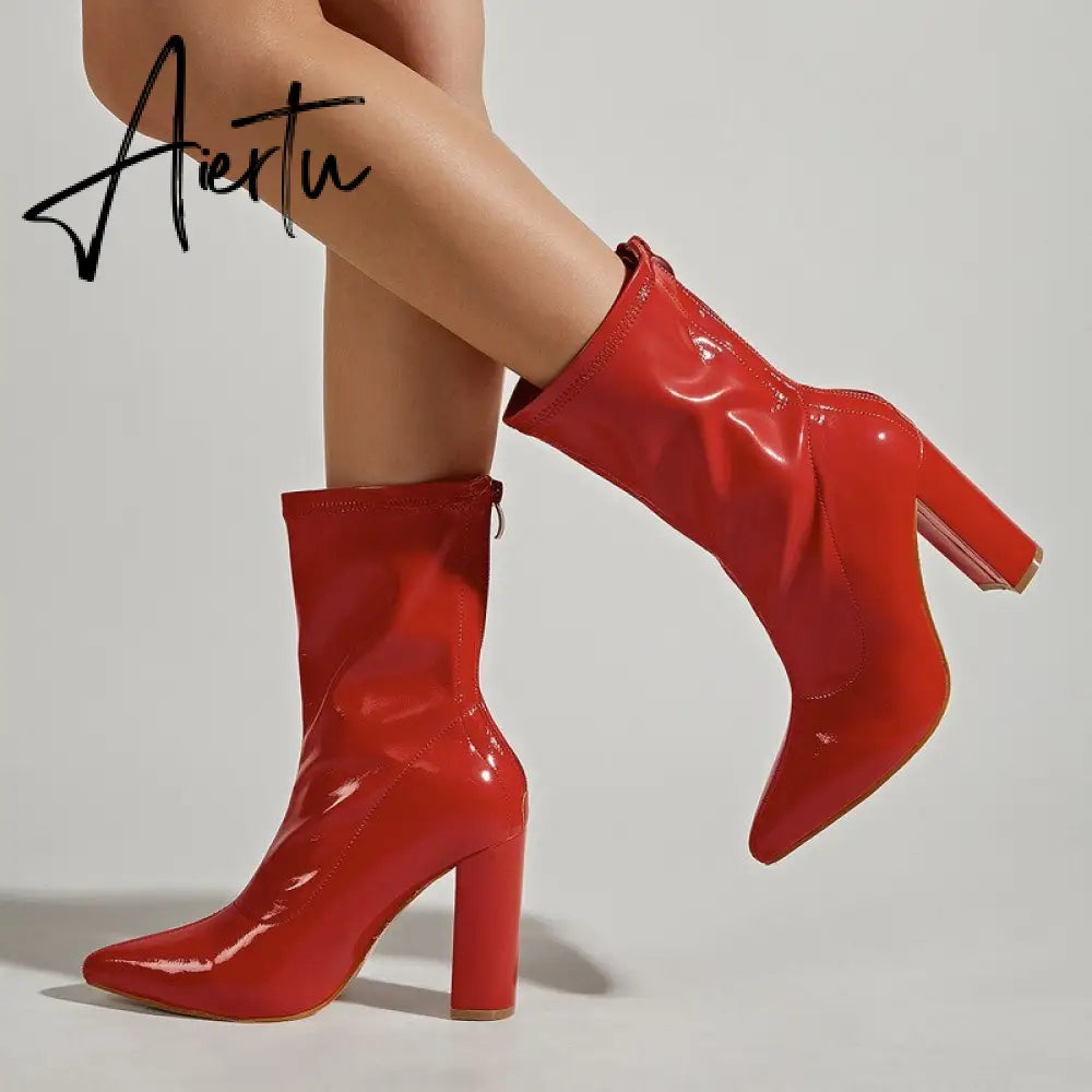 Aiertu New Ankle Boots For Women Fashion High Quality Patent Leather Pointed Toe Zipper Ladies Party Shoes Red Heels Pumps Booties Aiertu