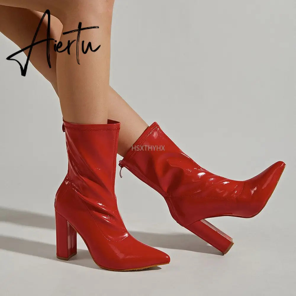 Aiertu New Ankle Boots For Women Fashion High Quality Patent Leather Pointed Toe Zipper Ladies Party Shoes Red Heels Pumps Booties Aiertu