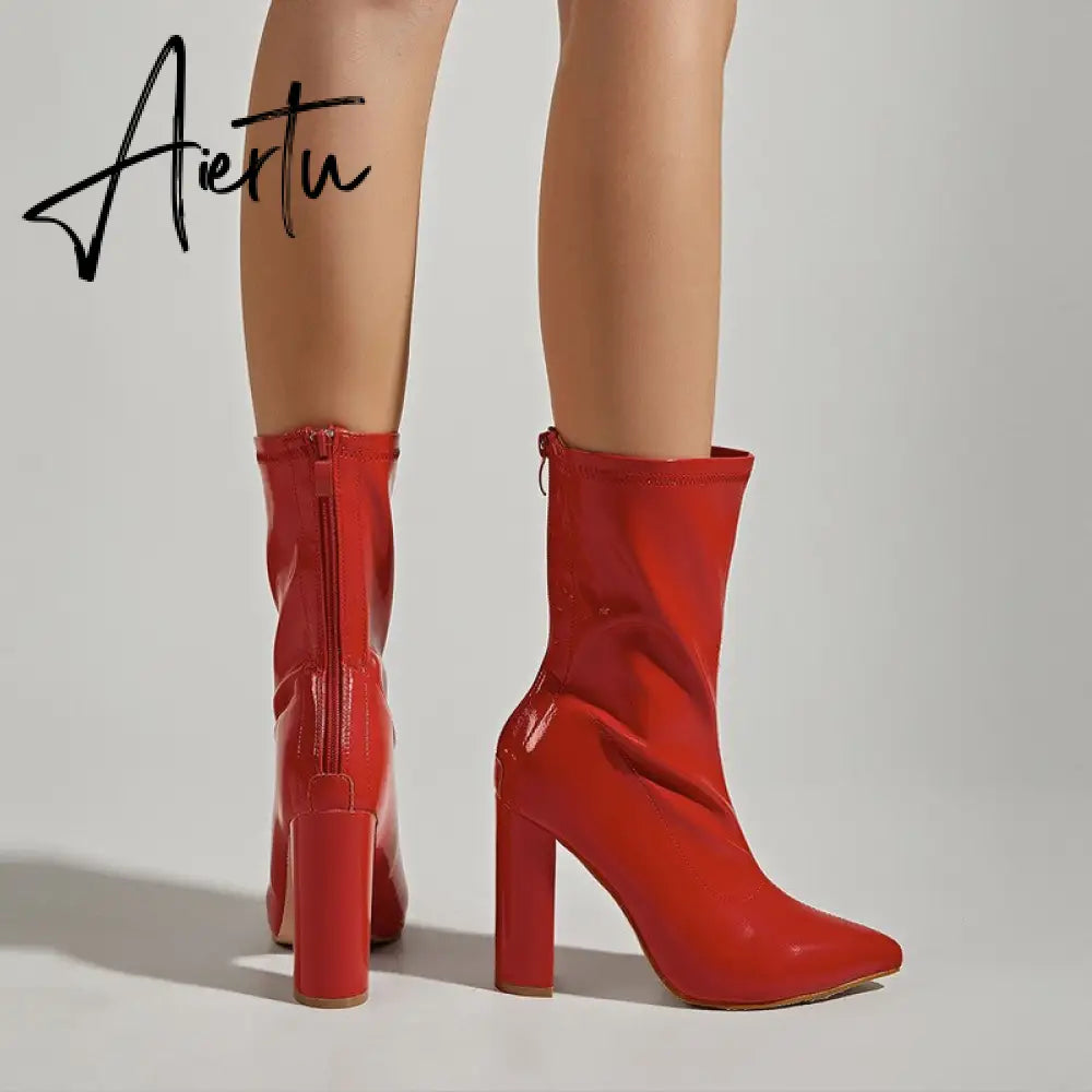 Aiertu New Ankle Boots For Women Fashion High Quality Patent Leather Pointed Toe Zipper Ladies Party Shoes Red Heels Pumps Booties Aiertu