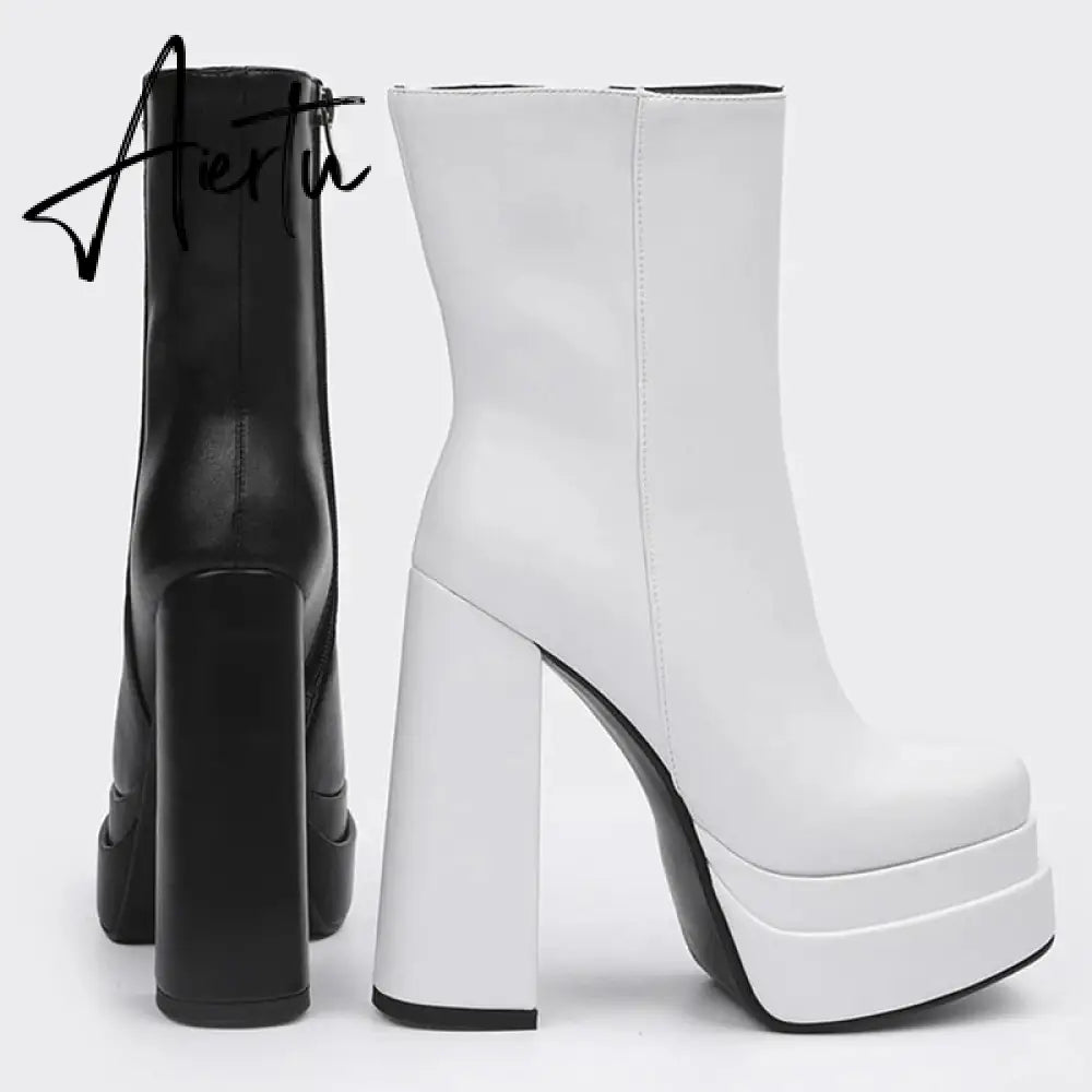 Aiertu New Ankle Boots Women Quality Platform Boots Female Fashion Short Boot Black Chunky High Heel Women Shoes Big Size 41 Aiertu
