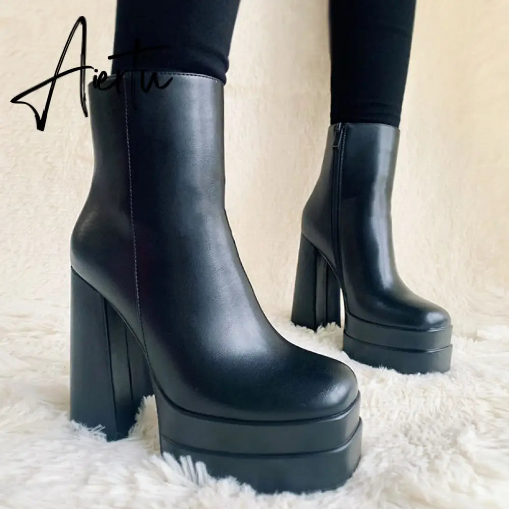 Aiertu New Ankle Boots Women Quality Platform Boots Female Fashion Short Boot Black Chunky High Heel Women Shoes Big Size 41 Aiertu