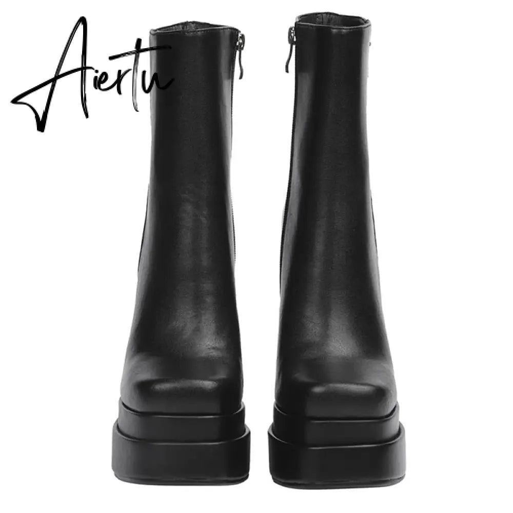 Aiertu New Ankle Boots Women Quality Platform Boots Female Fashion Short Boot Black Chunky High Heel Women Shoes Big Size 41 Aiertu