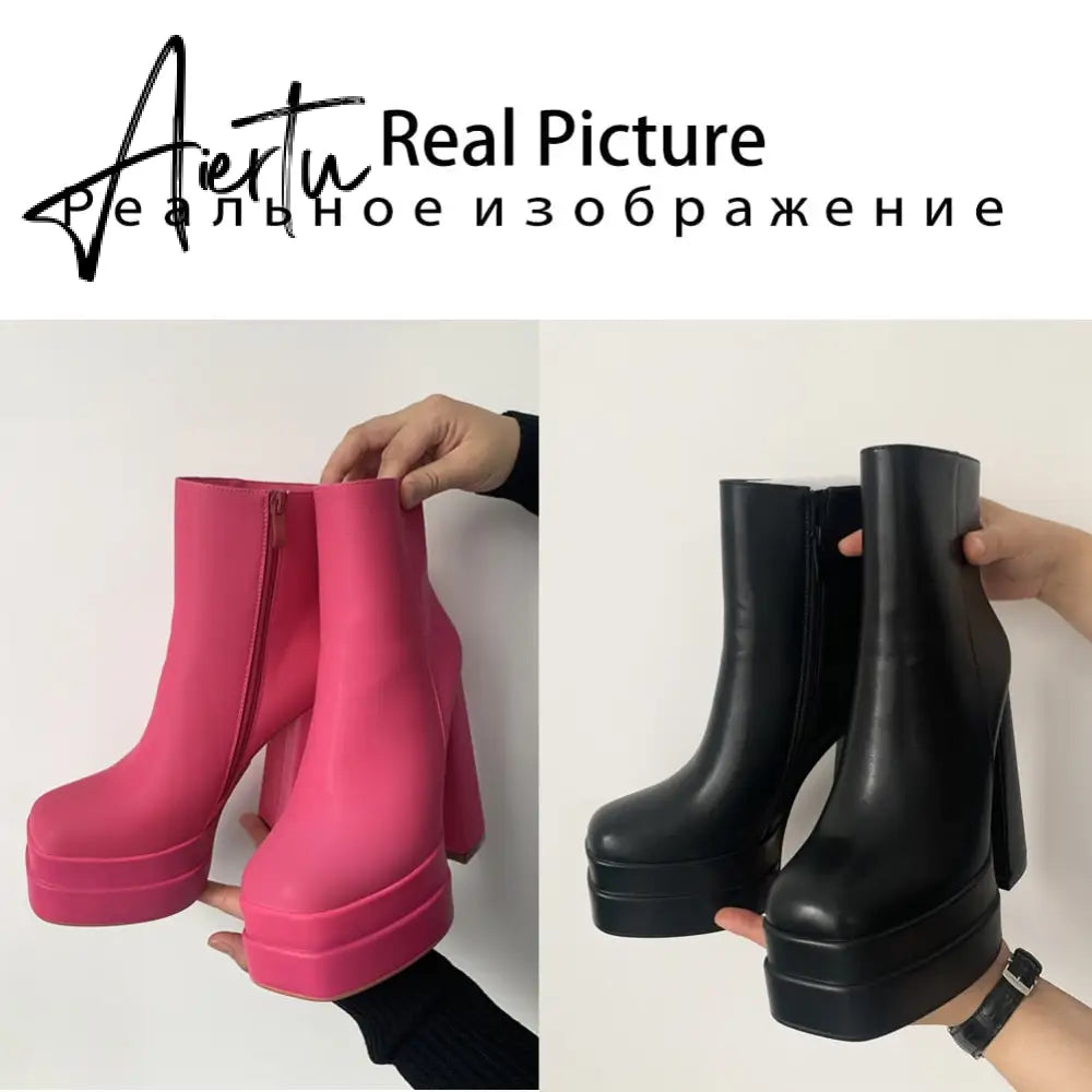 Aiertu New Ankle Boots Women Quality Platform Boots Female Fashion Short Boot Black Chunky High Heel Women Shoes Big Size 41 Aiertu