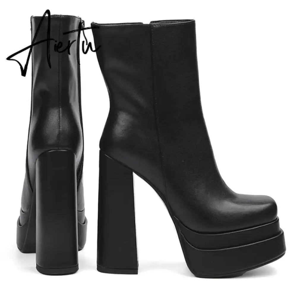 Aiertu New Ankle Boots Women Quality Platform Boots Female Fashion Short Boot Black Chunky High Heel Women Shoes Big Size 41 Aiertu