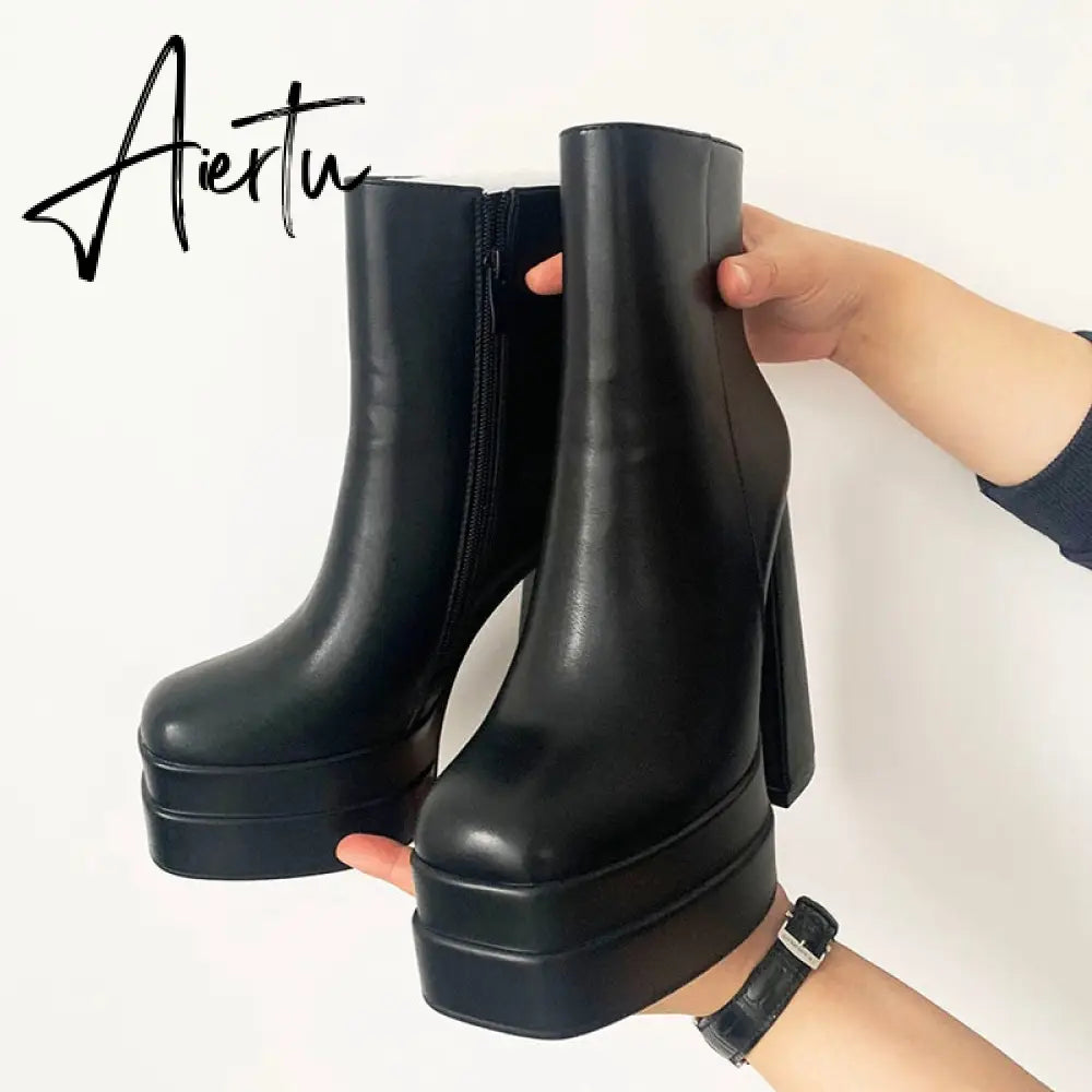 Aiertu New Ankle Boots Women Quality Platform Boots Female Fashion Short Boot Black Chunky High Heel Women Shoes Big Size 41 Aiertu