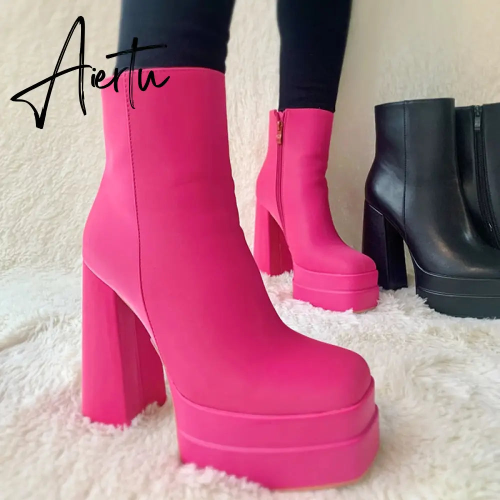 Aiertu New Ankle Boots Women Quality Platform Boots Female Fashion Short Boot Black Chunky High Heel Women Shoes Big Size 41 Aiertu